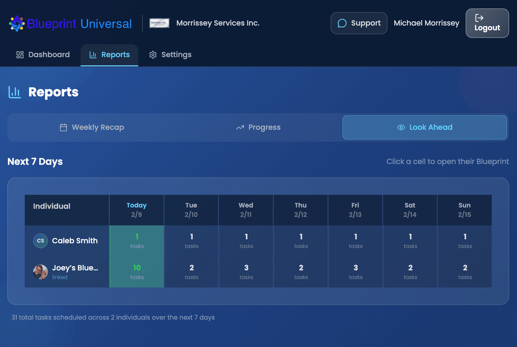 Look Ahead report showing scheduled tasks for the next 7 days across all individuals