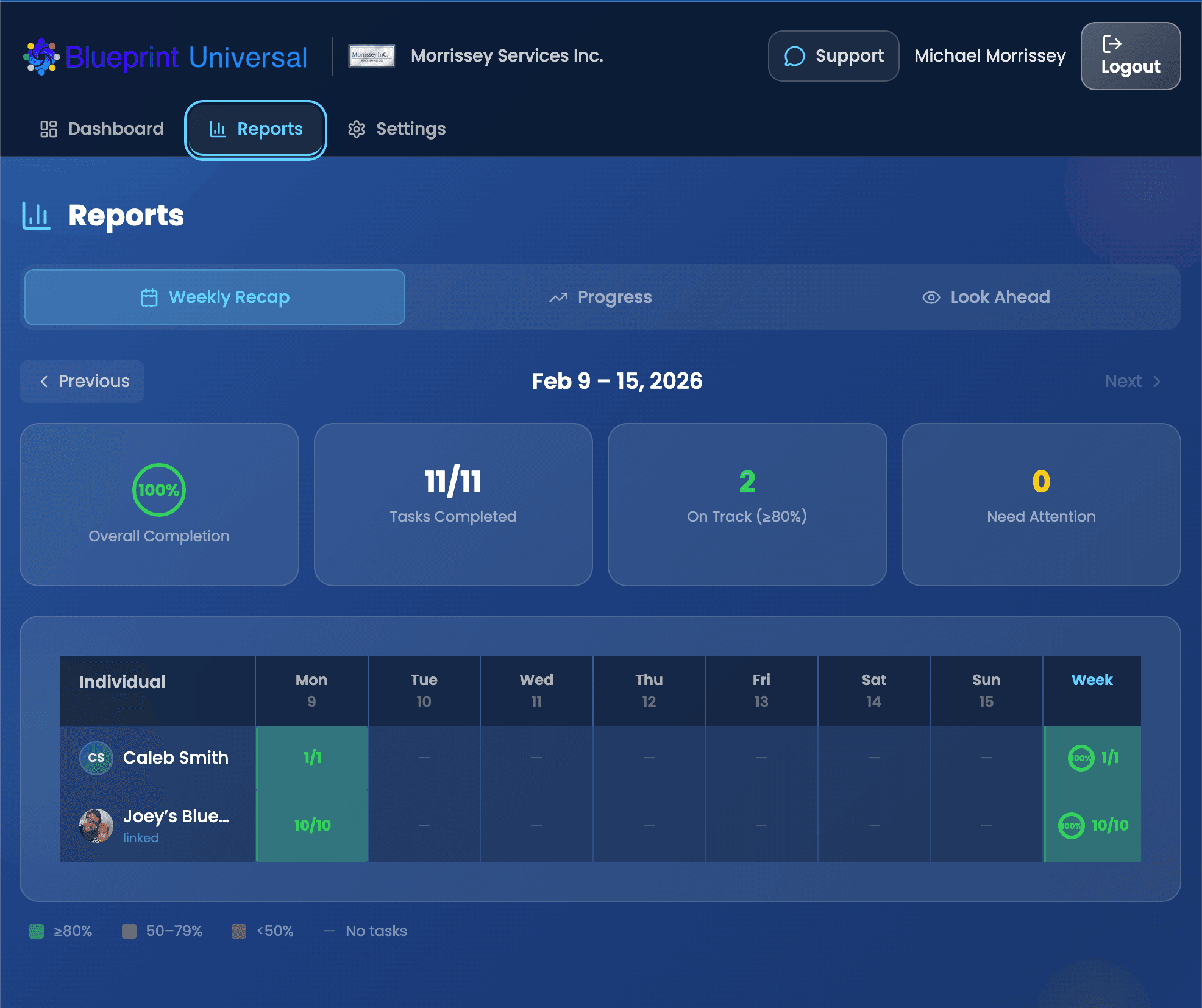 Weekly recap report with color-coded completion grid showing individuals across days
