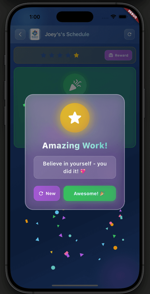 Celebration screen showing Amazing Work!