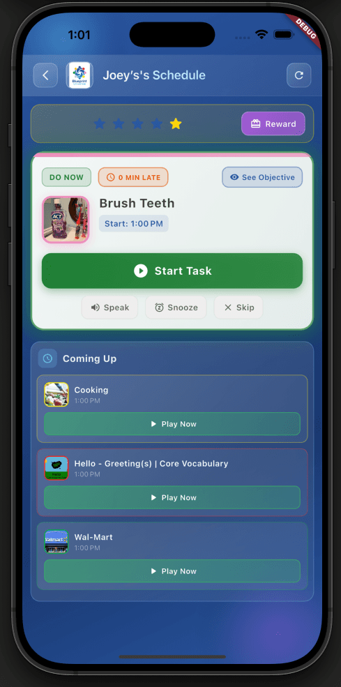 Today's schedule view with tasks and token rewards